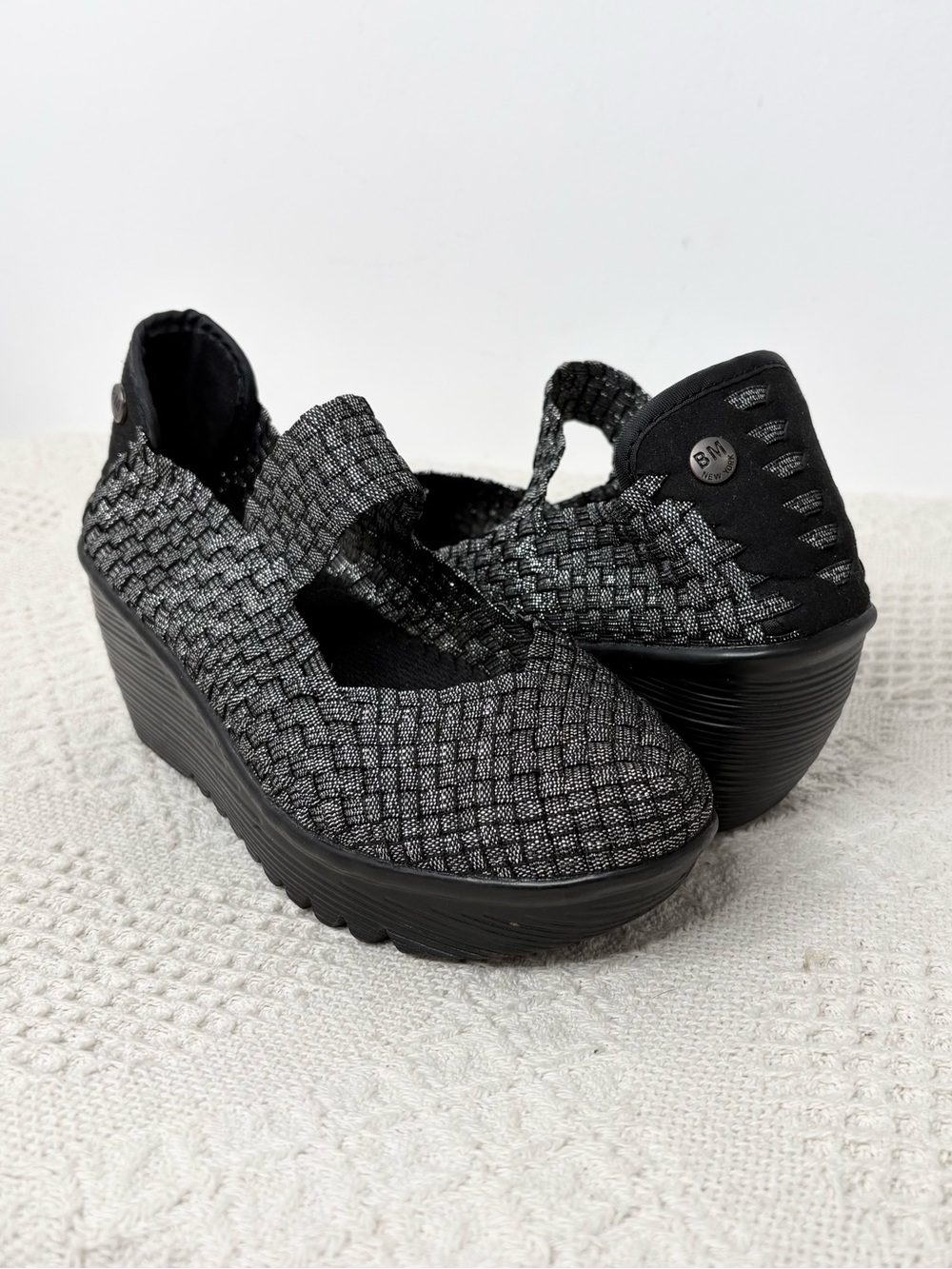 Bernie Mev Lulia Wedge Size 37 Dark Silver Gray Metallic Mary Jane Comfort Shoes